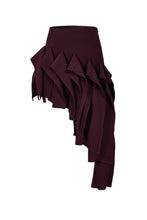 Load image into Gallery viewer, Burgundy asymmetric twill mini skirt featuring cascading sculptural ruffles and a dramatic elongated side hem on a white background.
