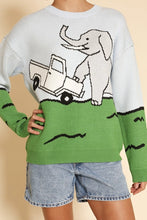 Load image into Gallery viewer, Stay cozy in style with our Elephant Knit Sweater, featuring a playful safari-inspired elephant intarsia design. This knit sweater is crafted for comfort and warmth, complete with a classic round neckline for easy layering. Perfect for adding a fun yet sophisticated touch to your fall wardrobe!
