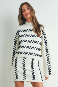 Cream Wavy Stripe Turtleneck Sweater