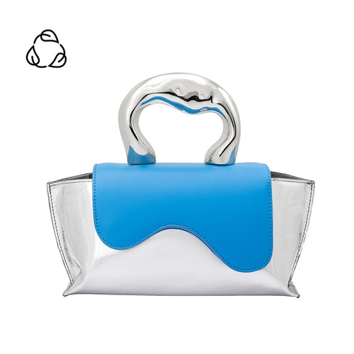 Meet our Silver and Blue Top Handle Bag, one of the most unique and intricate handbags you will find. Made out of recycled vegan leather this metallic top handle bag makes a fashionable yet sustainable statement piece. Wear it comfortably as a crossbody bag using the adjustable strap for hands-free convenience.
