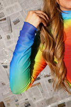 Load image into Gallery viewer, Turn heads in the Prism Heat Mesh Top. A vibrant rainbow mesh top with a flattering mock neck and stretch fit that's perfect for layering all year long.
