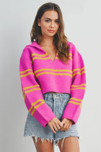 Load image into Gallery viewer, Brighten up your wardrobe with our Pink and Yellow Striped Sweater Top! This slightly cropped, ultra-soft knit is a playful burst of color that’s perfect for layering or wearing solo. Bold, comfy, and effortlessly chic—this is the sweater your closet has been waiting for!
