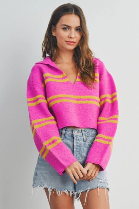 Brighten up your wardrobe with our Pink and Yellow Striped Sweater Top! This slightly cropped, ultra-soft knit is a playful burst of color that’s perfect for layering or wearing solo. Bold, comfy, and effortlessly chic—this is the sweater your closet has been waiting for!