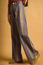 Load image into Gallery viewer, Model wearing Retro Revival Striped Wide-Leg Jeans with multicolor vertical stripes, a high-rise waist, dramatic wide-leg silhouette, and raw-edge hems.
