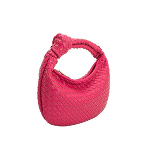 Elegantly designed and soft to the touch, our Woven Leather Fuchsia Top Handle Bag is made of non-toxic and cruelty-free recycled vegan leather. Its small size makes it perfect for all-day wear. The handle is adorned with a knotted detail and the interior features zip and slot pockets.