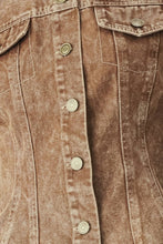 Load image into Gallery viewer, Women's vintage-washed brown denim jacket with a collarless round neckline, button front, chest pockets and sculpted fitted waist.
