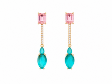 Load image into Gallery viewer, Close-up of pink crystal and turquoise teardrop statement earrings with sparkling linear drops.
