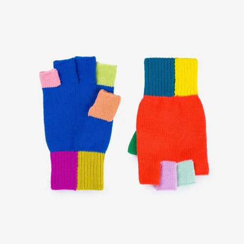 Stay cozy and functional with these soft fingerless knit gloves, perfect for crisp fall days, driving, or anytime you need warm hands and free fingertips. Featuring playful colorblocked fingers and a contrasting ribbed cuff to lock out the chill. Pair them with our colorblocked hood or oversized scarf for a coordinated look or a thoughtful gift.