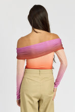 Load image into Gallery viewer, Model wearing a sherbet ombre off-the-shoulder mesh top featuring dreamy gradient colors in peach, pink, purple, and orange. The fitted, stretchy design hugs the body with a romantic, feminine silhouette - perfect for summer nights, brunch dates, or vacation looks. Lightweight and breathable, this statement top from Glam Expressway adds a pop of color and elegance to any outfit.
