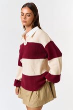 Load image into Gallery viewer, The game day Stripe Oversized Polo Sweater Top is your new go-to for effortless style! Featuring chic cream and brown stripes, this sweater offers an oversized fit that&#39;s both trendy and comfortable. Crafted with excellent quality, it&#39;s a versatile staple perfect for layering or wearing solo. Pair it with jeans for a casual game-day vibe or dress it up with tailored pieces for a polished look. On-trend, cozy, and oh-so-stylish—this is the sweater you&#39;ll reach for again and again!
