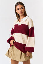 Load image into Gallery viewer, The game day Stripe Oversized Polo Sweater Top is your new go-to for effortless style! Featuring chic cream and brown stripes, this sweater offers an oversized fit that&#39;s both trendy and comfortable. Crafted with excellent quality, it&#39;s a versatile staple perfect for layering or wearing solo. Pair it with jeans for a casual game-day vibe or dress it up with tailored pieces for a polished look. On-trend, cozy, and oh-so-stylish—this is the sweater you&#39;ll reach for again and again!
