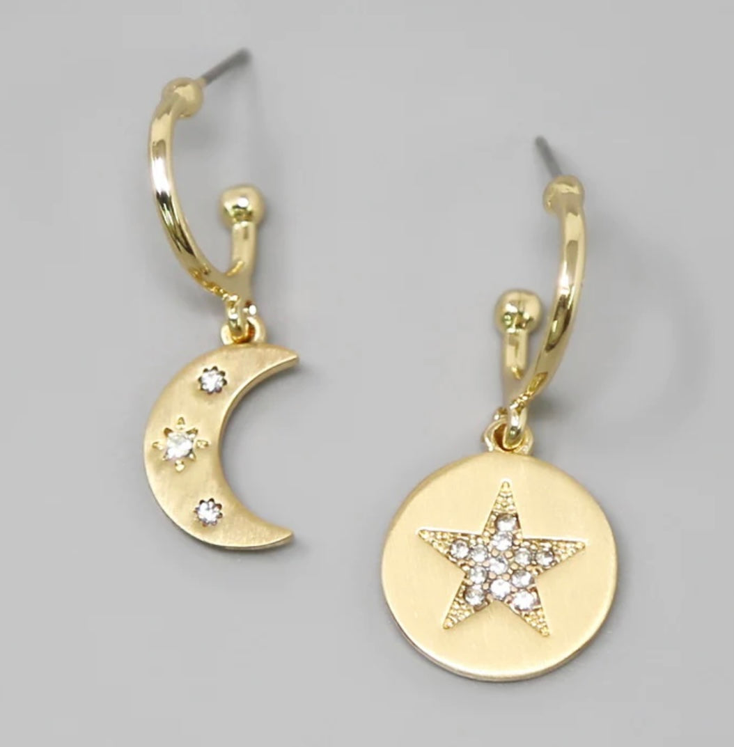 Gold Moon and Star Charm Earrings