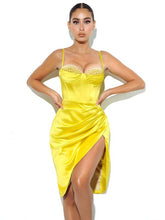 Load image into Gallery viewer, Glam Expressway&#39;s Satin Yellow Dress is simply stunning! This lemon yellow corset dress with crystal details is extremely well made with a sturdy bodice, zipper closure and a bit of stretch.  Style Options: Wear this statement making cocktail dress to any fancy occasion! Model pictured is wearing size small.
