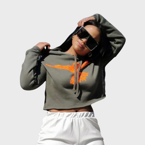 This is luxury loungewear! Our Army Green Cropped Hoodie is extremely soft and incredible quality. This stylish hoodie was designed specifically for our store with a metallic orange bird in flight on the front and a distressed hem at the waist. Made exclusively by Craig Anthony Miller for Glam Expressway! sizes come in Small - XL. Dress it up or down!