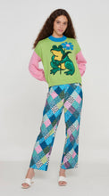 Load image into Gallery viewer, Our fun Patchwork Trousers will brighten up your life. Slightly cropped denim printed trousers with a blue, pink, lavender and green patchwork design have a straight leg fit. Matching shacket sold separately. This set was made from recycled fabrics! Dress them up or down!
